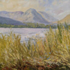 Lake District art original oil painting by local artist Jeff Sudders. grasmere with helm crag with impasto reed foreground