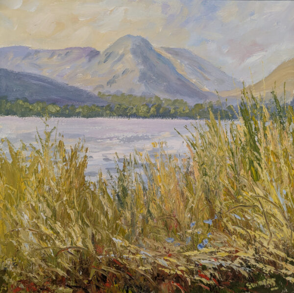 Lake District art original oil painting by local artist Jeff Sudders. grasmere with helm crag with impasto reed foreground