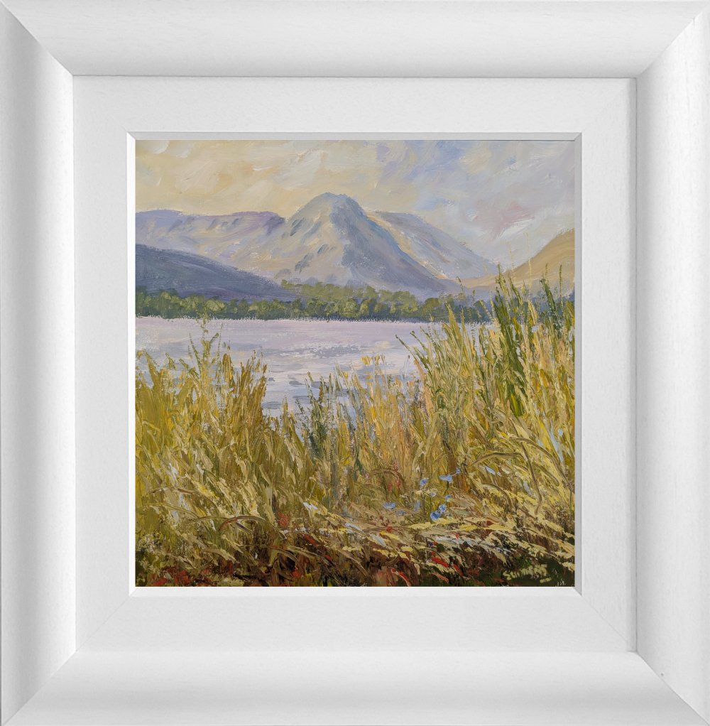 Lake District art original oil painting by local artist Jeff Sudders. grasmere with helm crag with impasto reed foreground