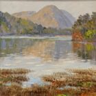 Grasmere oil painting by Lake District artist Jeff Sudders showing Helm Crag reflected in the lake a hint of autumnal colours in the trees