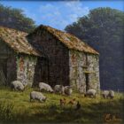 Oil painting by Edward Hersey, a traditional countryside scene with sheep and hens grazing in a field by old farm buildings
