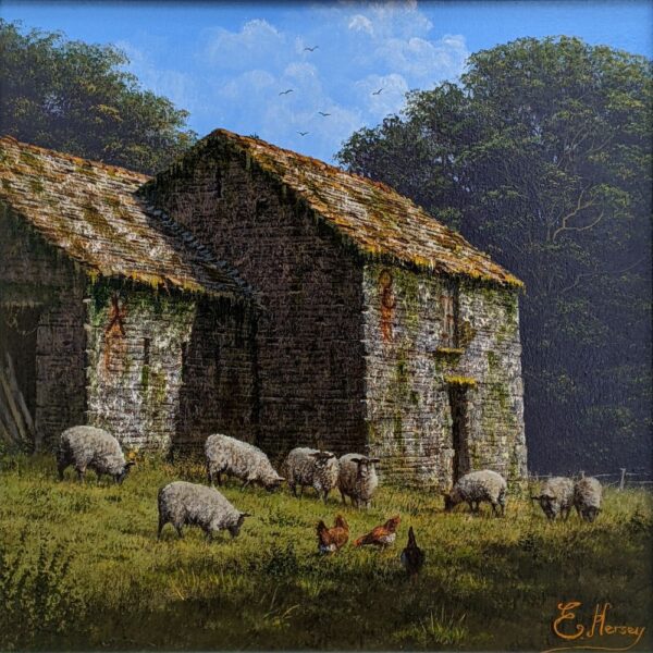 Oil painting by Edward Hersey, a traditional countryside scene with sheep and hens grazing in a field by old farm buildings