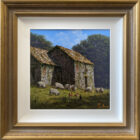 Framed oil painting by Edward Hersey Grazing Together in a white slip with gold frame