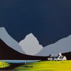 A small white cottage with a dark roof sits on a vivid green field beside calm water. Behind it rise large, simplified mountains in pale grey and black, set against a deep blue sky. The scene uses bold, minimalist shapes and strong colour contrasts to create a dramatic rural landscape.