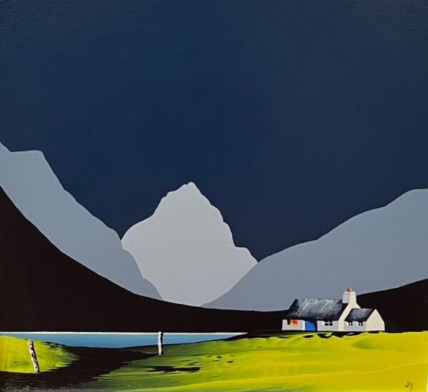 A small white cottage with a dark roof sits on a vivid green field beside calm water. Behind it rise large, simplified mountains in pale grey and black, set against a deep blue sky. The scene uses bold, minimalist shapes and strong colour contrasts to create a dramatic rural landscape.