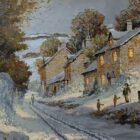 Having Such Fun an original oil painting by Richard Telford. A classic winter scene of a charming countryside village.