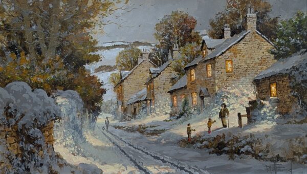 Having Such Fun an original oil painting by Richard Telford. A classic winter scene of a charming countryside village.