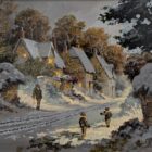 Having Such Fun an original oil painting by Richard Telford. A classic winter scene of a charming countryside village with two children are playing in the snow