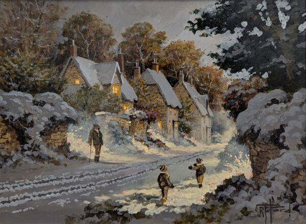Having Such Fun an original oil painting by Richard Telford. A classic winter scene of a charming countryside village with two children are playing in the snow