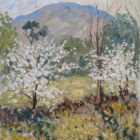 Lake District art original oil painting Hawthorn Blossom Near Ambleside by Jeff Sudders of white blossom trees with golden wildflowers in the fields and mountains in the distance.