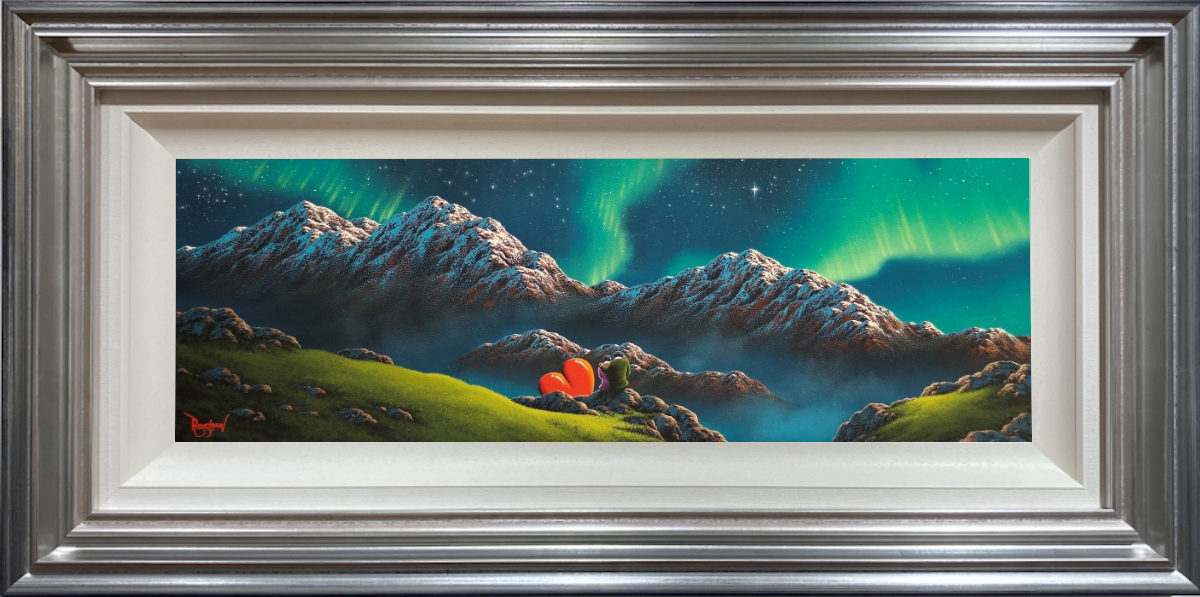 Lake District art original oil painting by David Renshaw.I'd climb a mountain with you. ted and doris with red love heart overlooking the snowy mountains