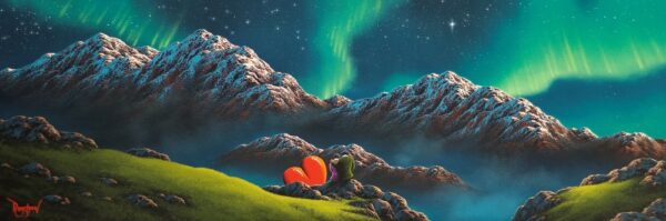 Lake District art original oil painting by David Renshaw.I'd climb a mountain with you. ted and doris with red love heart overlooking the snowy mountains