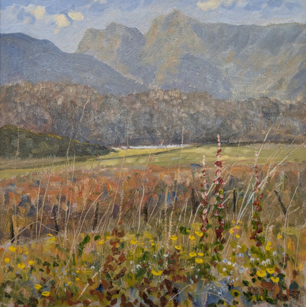 Lake District art original oil painting by Jeff Sudders. in the langdale valley with iconic pikes and floral foreground