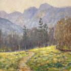 lake district art original oil painting by local artist Jeff Sudders. in the langdale valley with iconic pikes and tree lined path