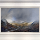 lake district art original oil and mixed media painting of The Langdales by peter dworok. Moody skies with light peeking behind hills and slight purple tones and texture of moss in foreground. Displayed in a white fluted frame.