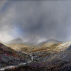 lake district art original oil and mixed media painting of The Langdales by peter dworok. Moody skies with light peeking behind hills and slight purple tones and texture of moss in foreground