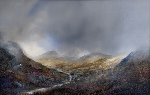 lake district art original oil and mixed media painting of The Langdales by peter dworok. Moody skies with light peeking behind hills and slight purple tones and texture of moss in foreground