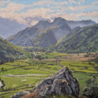 lake district art original oil painting by local artist simon whitfield summer view of iconic langdale pike fells from thrang crag great langdale