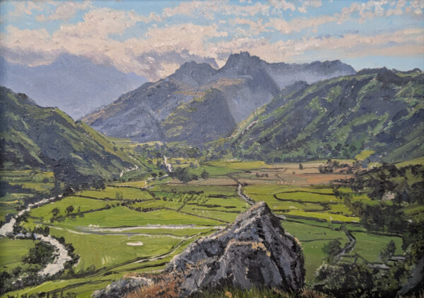 lake district art original oil painting by local artist simon whitfield summer view of iconic langdale pike fells from thrang crag great langdale