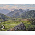 lake district art original oil painting by local artist simon whitfield summer view of iconic langdale pike fells from thrang crag great langdale