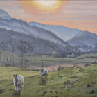 lake district art original oil painting by local artist simon whitfield little langdale sunset view with herdwick sheep