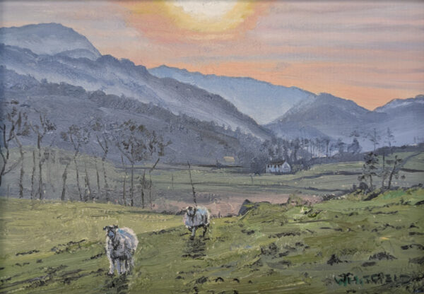 lake district art original oil painting by local artist simon whitfield little langdale sunset view with herdwick sheep