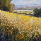 A landscape oil painting of the Lake District. A sunlit wildflower meadow stretching across rolling countryside. The foreground is filled with tall grasses and scattered red poppies, white blooms, and delicate blue flowers. Windermere is in the distance, with layered purple-gray mountains rising beyond. Large trees frame the scene on both sides, while a pale blue sky with soft clouds casts a warm, tranquil light over the landscape.