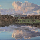 lake district art original oil painting by local artist simon whitfield loughrigg tarn I. view towards langdale pikes