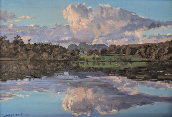 lake district art original oil painting by local artist simon whitfield loughrigg tarn I. view towards langdale pikes