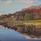 lake district art original oil painting by local artist simon whitfield loughrigg tarn II. view over the tarn towards fells and house with beautiful reflections
