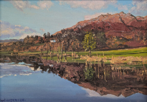 lake district art original oil painting by local artist simon whitfield loughrigg tarn II. view over the tarn towards fells and house with beautiful reflections