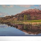 lake district art original oil painting by local artist simon whitfield loughrigg tarn II. view over the tarn towards fells and house with beautiful reflections