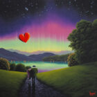 Lake District art original oil painting by David Renshaw.love letter in the sky. ted and doris with red love heart overlooking colourful sky and fells