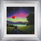 Lake District art original oil painting by David Renshaw.love letter in the sky. ted and doris with red love heart overlooking colourful sky and fells