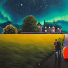Original oil painting by north west artist David Renshaw Ted and Doris are stood together on a path looking at their home lit up with the northern lights above