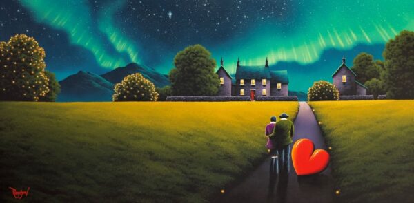 Original oil painting by north west artist David Renshaw Ted and Doris are stood together on a path looking at their home lit up with the northern lights above