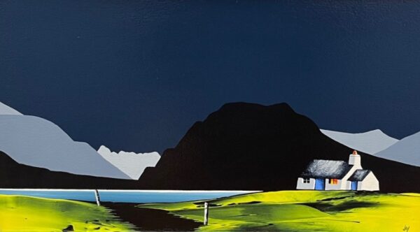 lake district art original acrylic painting by artist jay nottingham. Loweswater a contemporary bold contrasting landscape with Mellbreak and other mountain silhouettes