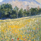 Lake District art original oil painting Meadow by Fairfield by Jeff Sudders of a buttercup and wildflower meadow with trees and mountains in the distance.