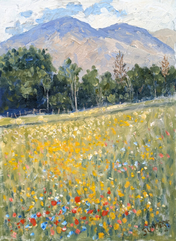 Lake District art original oil painting Meadow by Fairfield by Jeff Sudders of a buttercup and wildflower meadow with trees and mountains in the distance.