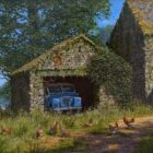 edward hersey original oil painting of the english countryside with farm buildings a blue landrover and chickens