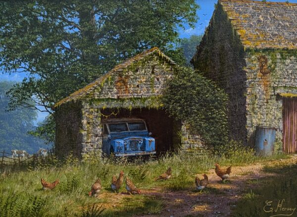 edward hersey original oil painting of the english countryside with farm buildings a blue landrover and chickens
