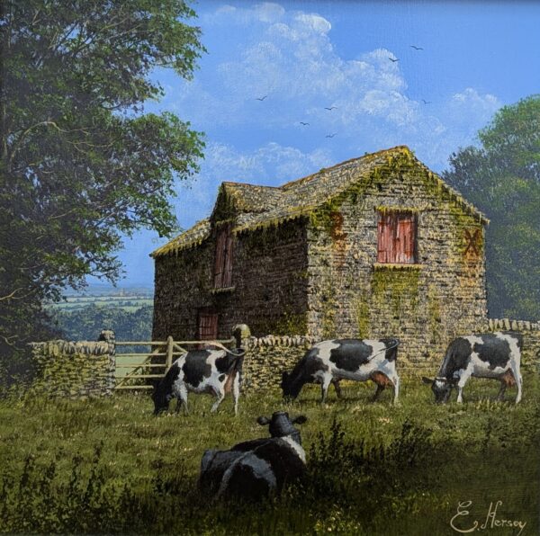 lake district art original oil painting by edward hersey featuring a countryside scene in summer of rural english farm culture with an old barn and cows