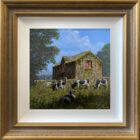 lake district art original oil painting by edward hersey featuring a countryside scene in summer of rural english farm culture with an old barn and cows