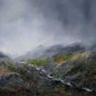 lake district art original oil and mixed media painting. Featuring a moody landscape of the Langdales and river blea