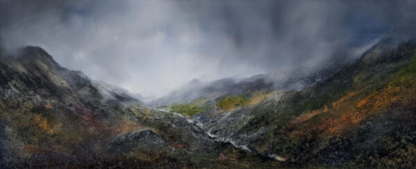 lake district art original oil and mixed media painting. Featuring a moody landscape of the Langdales and river blea