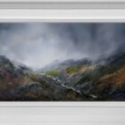 lake district art original oil and mixed media painting. Featuring a moody landscape of the Langdales and river blea