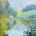 Lake District art original oil painting by Jeff Sudders of Rydal Water. Summer green and blue scene of lake boathouse and island