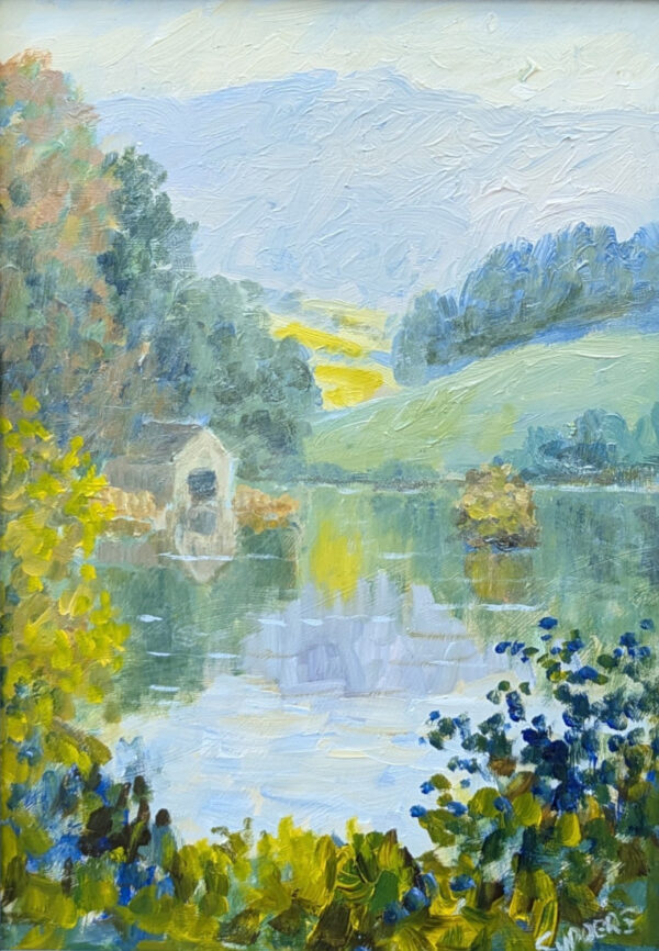 Lake District art original oil painting by Jeff Sudders of Rydal Water. Summer green and blue scene of lake boathouse and island