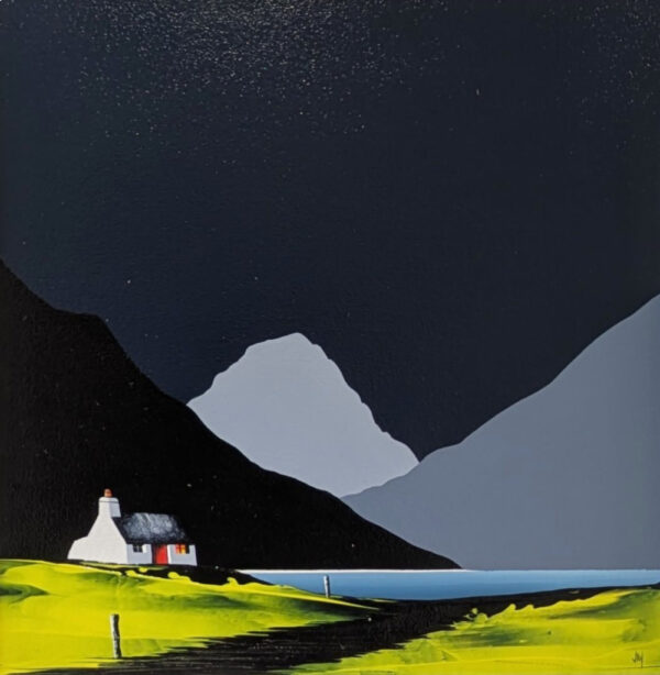lake district art by jay nottingham contemporary bold original acrylic painting of skiddaw and derwentwater silhouetted fells and bothy cottage