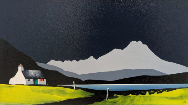 lake district art original acrylic painting by artist jay nottingham. silver howe and rydal water a contemporary bold contrasting landscape with Mellbreak and other mountain silhouettes